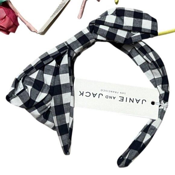 Janie & Jack Headband Hair Accessory Checkered Navy Blue & White Big Bow - Picture 2 of 4